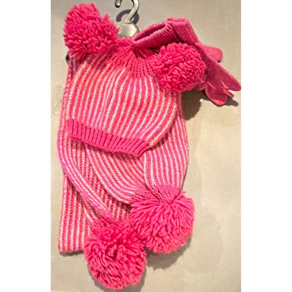 Girls Pink & White Striped Knit Beanie Hat 3 Piece Set NWT
